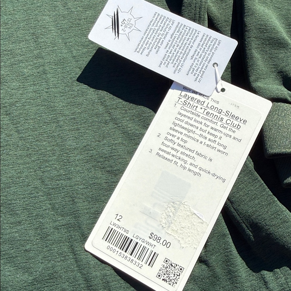 Lululemon Tennis Club Layered Long Sleeve Legacy Green White Size 12 NWT UPF 40+ - Picture 3 of 5